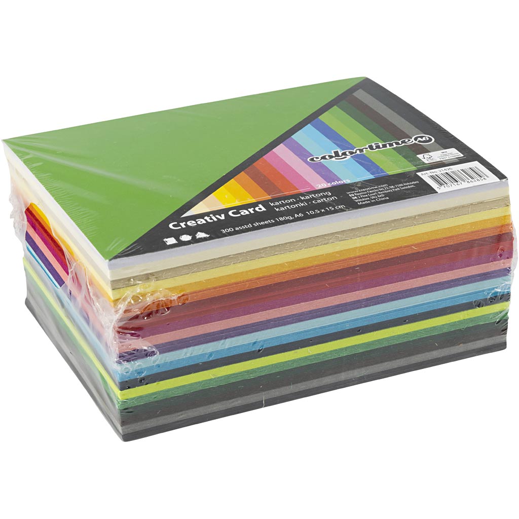Carton coloré Colortime, a6, feuille 105x148 mm, 180 gr, différentes couleurs, 300 feuilles div 1 boîte