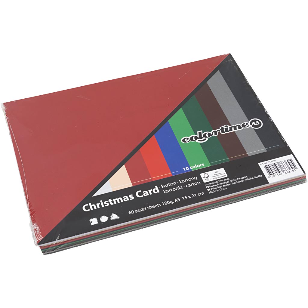 Carton de Noël Colortime, a5, feuille 150x210 mm, 180 gr, différentes couleurs, 60 feuilles différentes 1 boîte