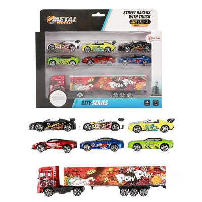 Camion métallique avec 6 voitures de course