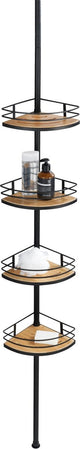 Wenko support de douche télescopique dolcedo 4 couches en acier inoxydable bambou noir - bois FSC - extensible de 65 à 275cm - panier de douche - montage sans perçage