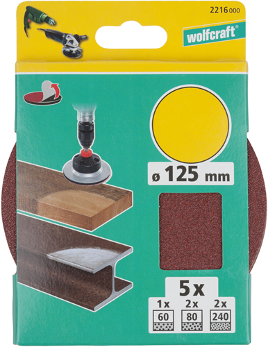 Disques abrasifs adhésifs Wolfcraft | k60, k80, k240 | ø125mm | 5 pièces - 2216000