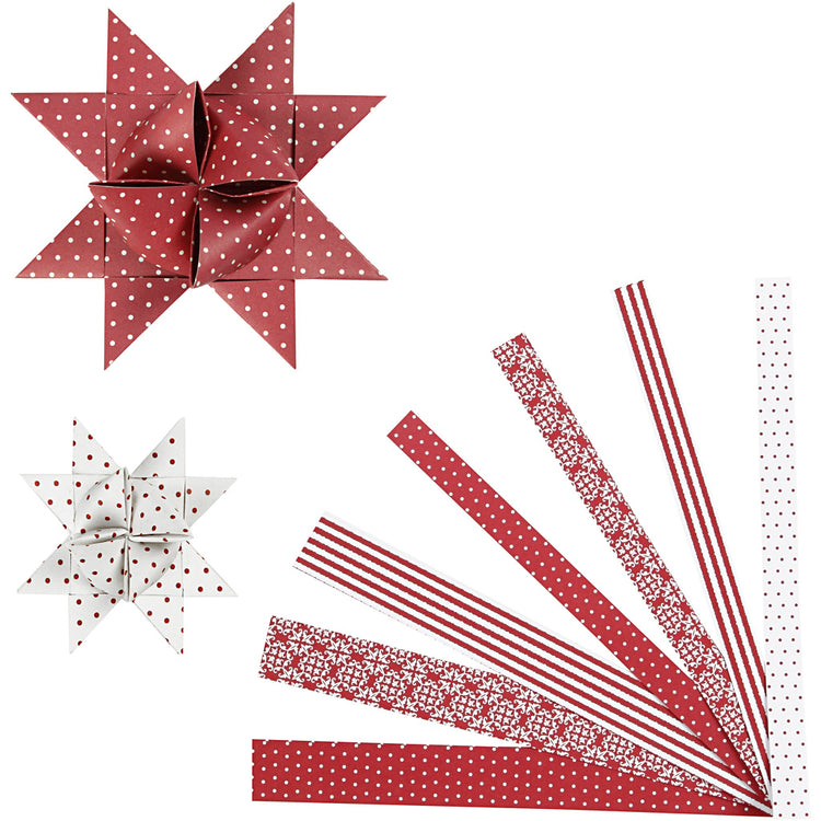 Bandes de tressage en papier Vivi Gade, l: 44+78 cm, l: 15+25 mm, d 6,5+11,5 cm, rouge, blanc, 60 bandes 1 boîte