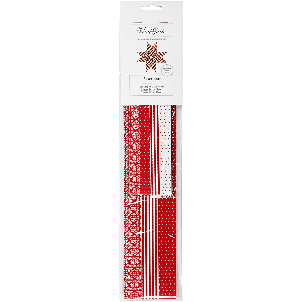 Bandes de tressage en papier Vivi Gade, l: 44+78 cm, l: 15+25 mm, d 6,5+11,5 cm, rouge, blanc, 60 bandes 1 boîte