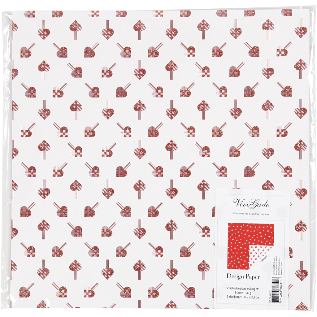Papier design Vivi Gade, cristaux de glace coeurs, feuille 30,5x30,5 cm, 180 gr, 3 feuilles 1 boîte