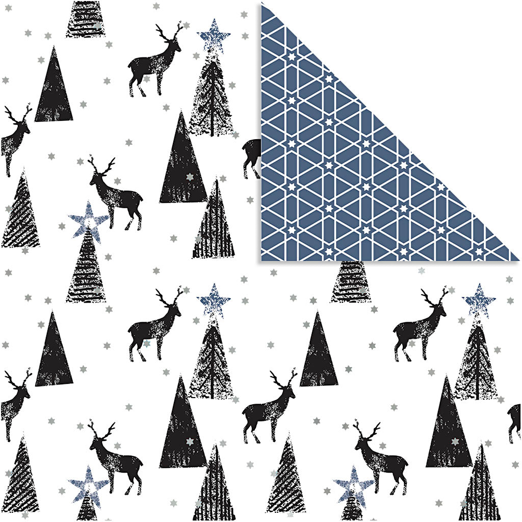 Papier design Vivi Gade, motifs cerfs, 180 gr, noir, argent, blanc, 3 feuilles 1 boîte