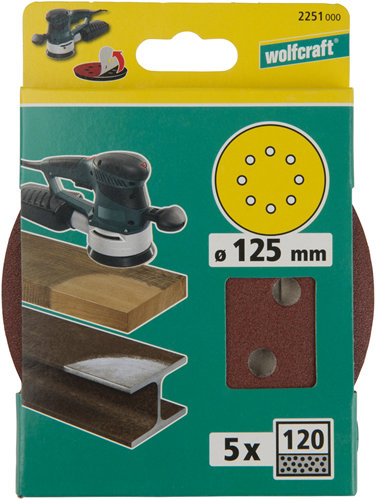 Disques abrasifs adhésifs Wolfcraft | k120 | perforé | ø125mm | 5 pièces - 2251000