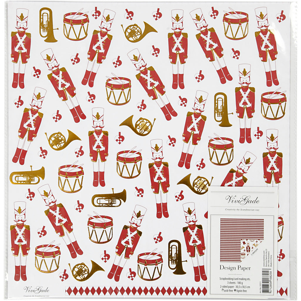 Papier design Vivi Gade, casse-noix, 180 gr, or, rouge, blanc, 3 feuilles 1 boîte