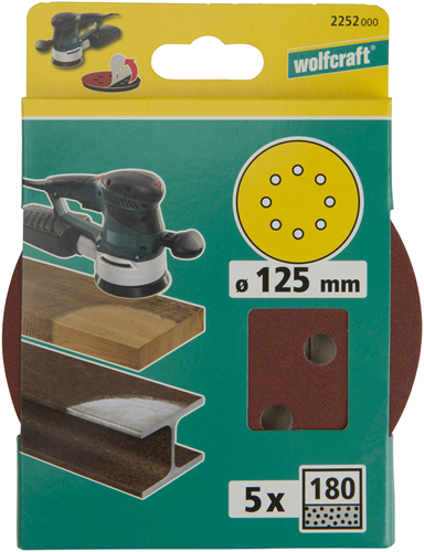 Disques abrasifs adhésifs Wolfcraft | k180 | perforé | ø125mm | 5 pièces - 2252000
