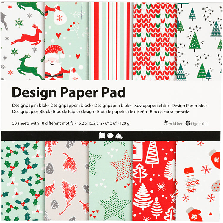 Bloc de papier design Creativ company, feuille 15,2x15,2 cm, 120 gr, vert, rouge, blanc, 50 feuilles 1 boîte