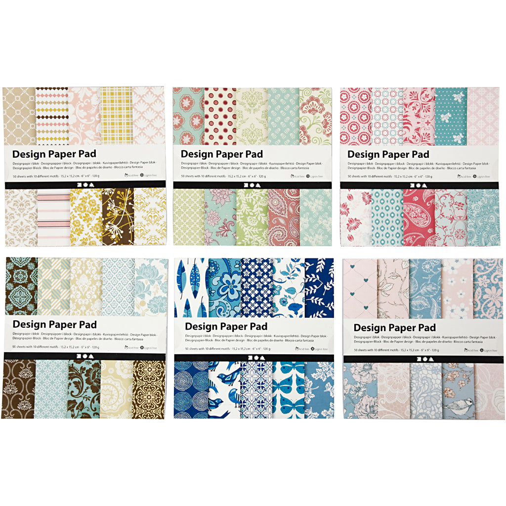 Bloc de papier design Creativ company, feuille 15,2x15,2 cm, 120 gr, différentes couleurs, 300 feuilles, 6x50 feuilles 1 boîte