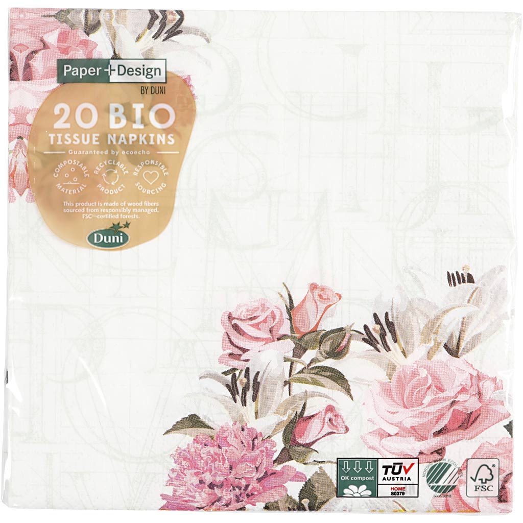 Serviettes Creativ company, roses, dim. 33x33 cm, 20 pièces, 1 boîte