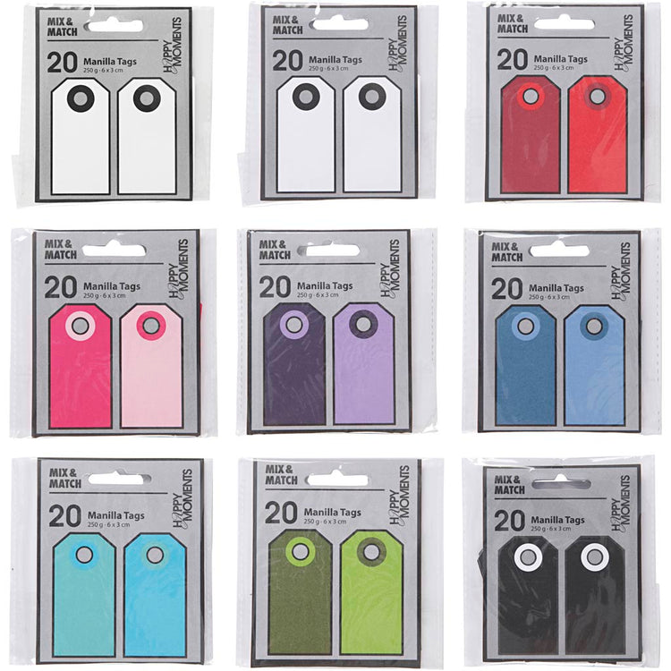 Étiquettes manille Creativ company, format 6x3 cm, 250 g, différentes couleurs, 30x10 pièce 1 boîte