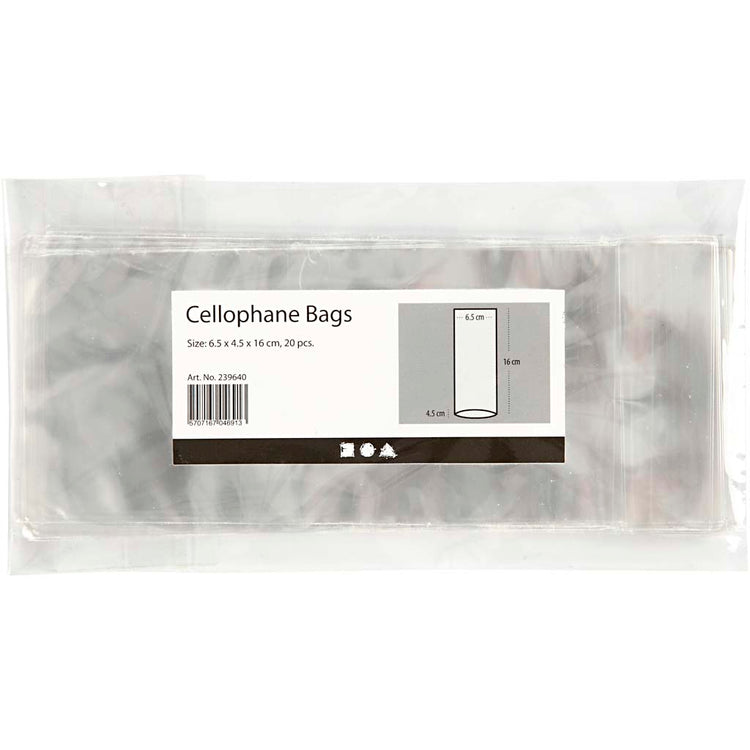 Sachet cellophane Creativ company, h : 16 cm, dimensions 6,5x4,5 cm, épaisseur 25 my, 20 pièces 1 boîte