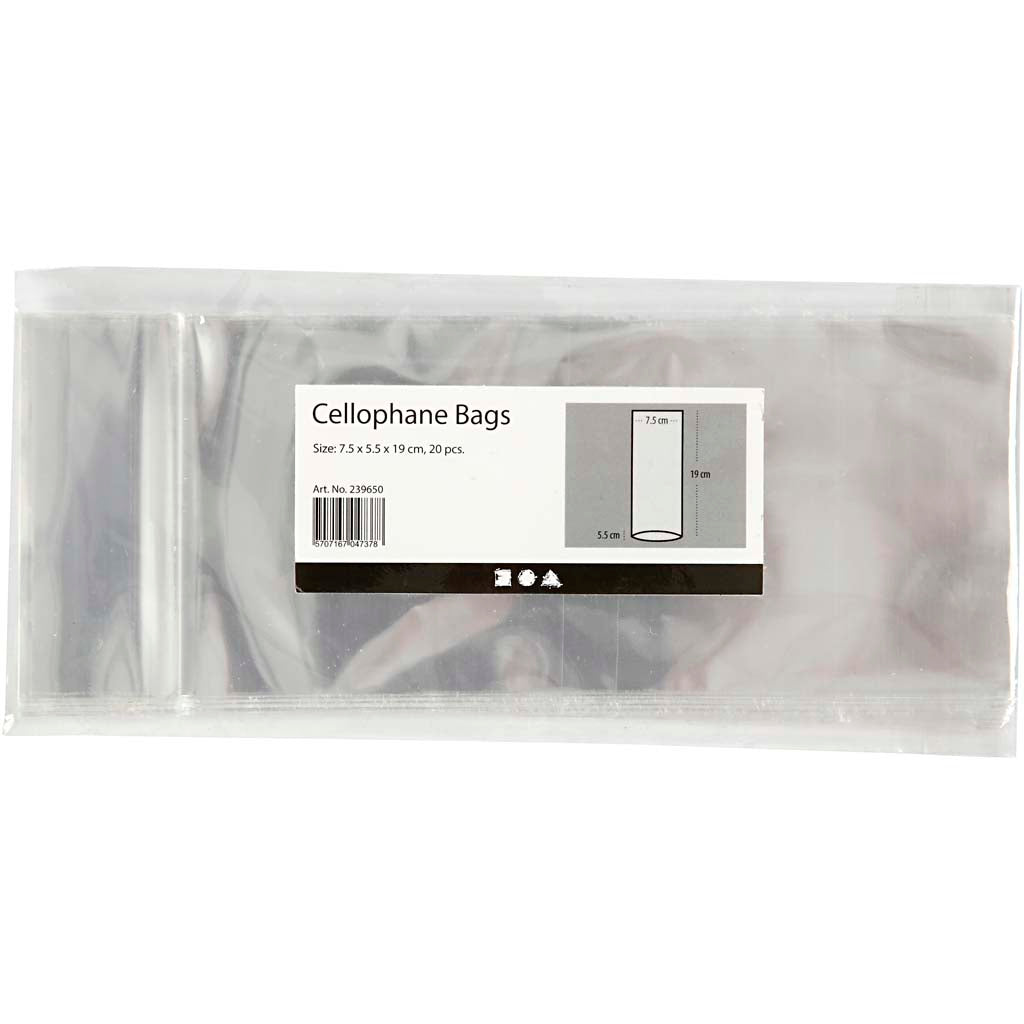 Sachet cellophane Creativ company, h : 19 cm, dimensions 7,5x5,5 cm, épaisseur 25 my, 20 pièces 1 boîte