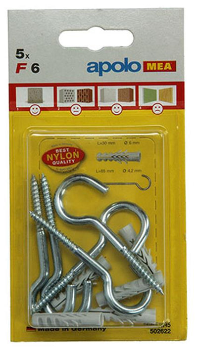 Celo 1015383 - 5 chevilles nylon f 6 mm + crochets à vis 502622 | 5 pièces