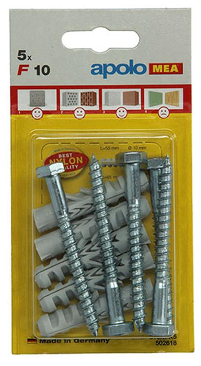 Celo 1015379 - 5 chevilles en nylon f + 6kt 10 mm + boulon fileté bois 502618 | 5 pièces