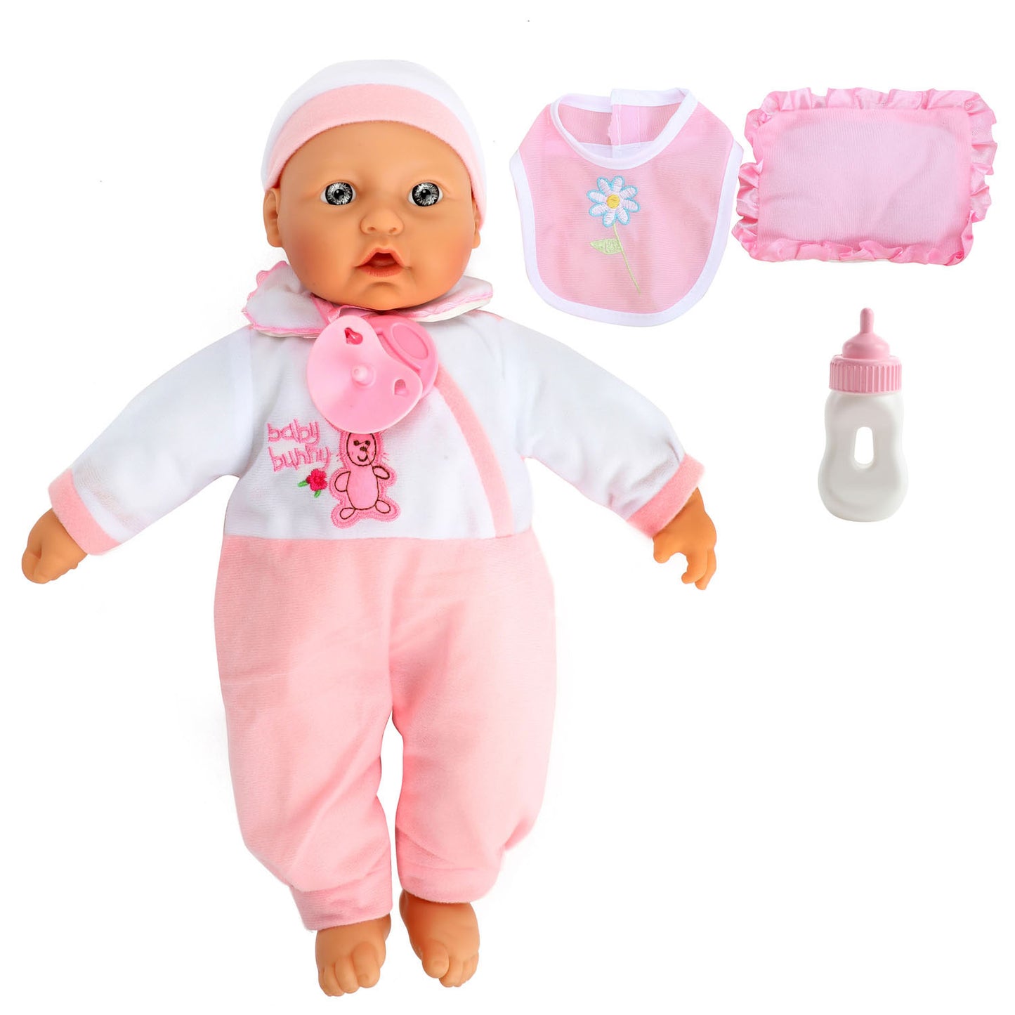 Bébé beau babypop avec bouteille et bavoir, 40 cm