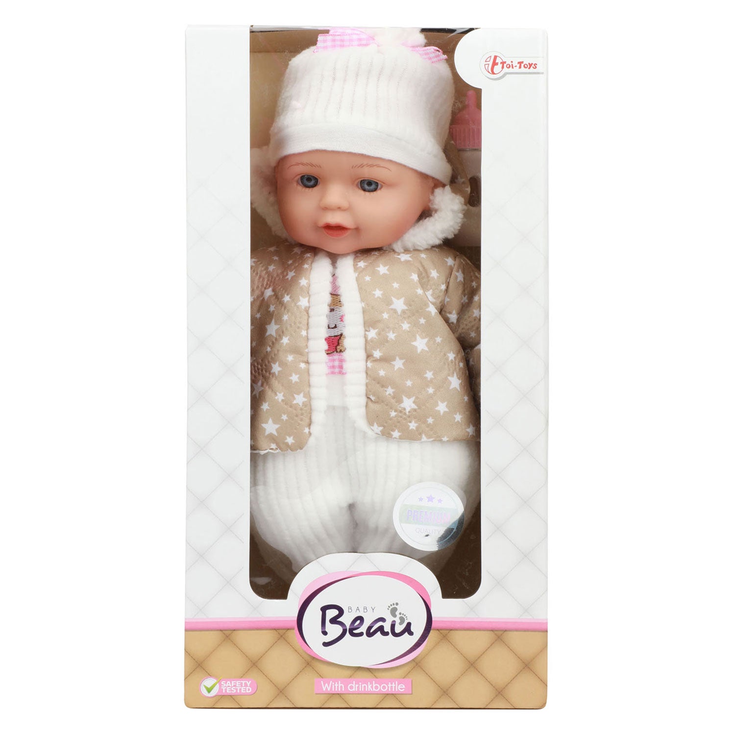 Beau Babypop 32 cm + tenue d'hiver et bouteille