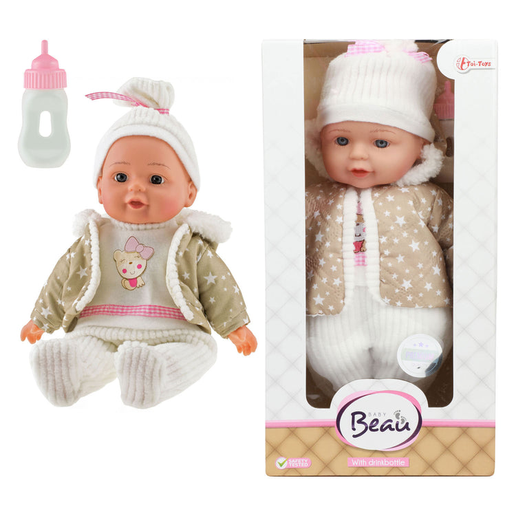 Beau Babypop 32 cm + tenue d'hiver et bouteille