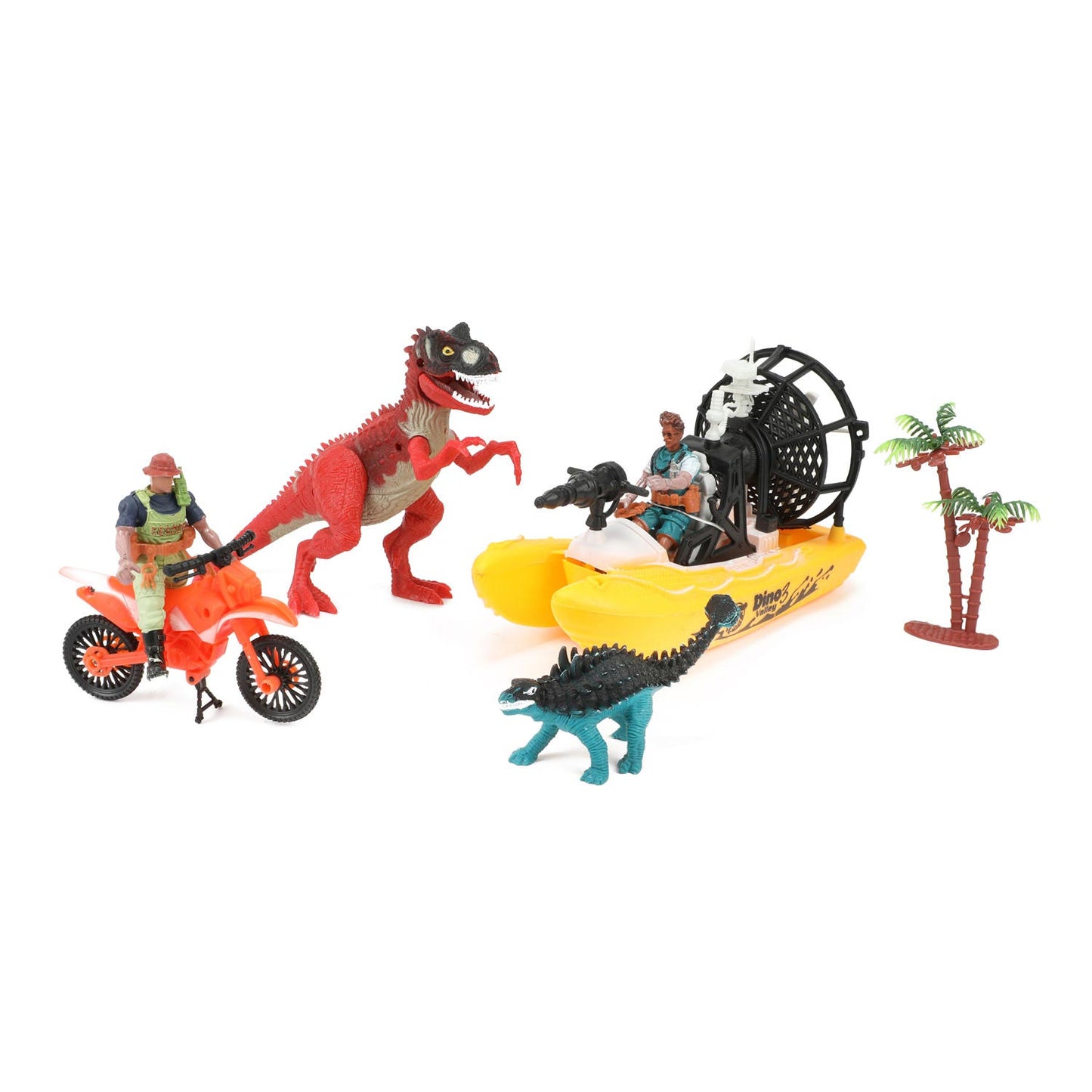 World of Dinosaurs jouent au bateau décoré et à la moto avec des dinosaures
