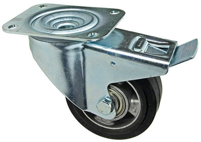 Mack by tente 1058940 - roue pivotante, surface de roulement en caoutchouc noir, plaque de jante et frein 125 mm | 4 pièces