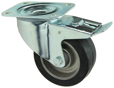 Mack by Tente 1058939 - roue pivotante en caoutchouc bande de roulement noire jante en aluminium, plateau et frein 100 mm | 5 pièces