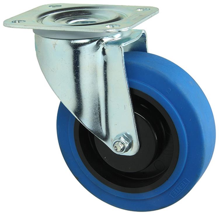 Mack by tente 1058945 - roue pivotante, plaque de roulement en caoutchouc bleu et frein 125 mm | 4 pièces