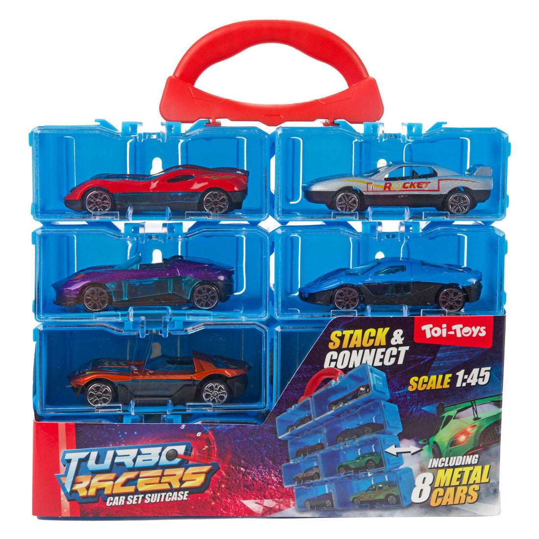 Toi-toys mallette de rangement turbo racers comprenant 8 voitures en métal - 1:45