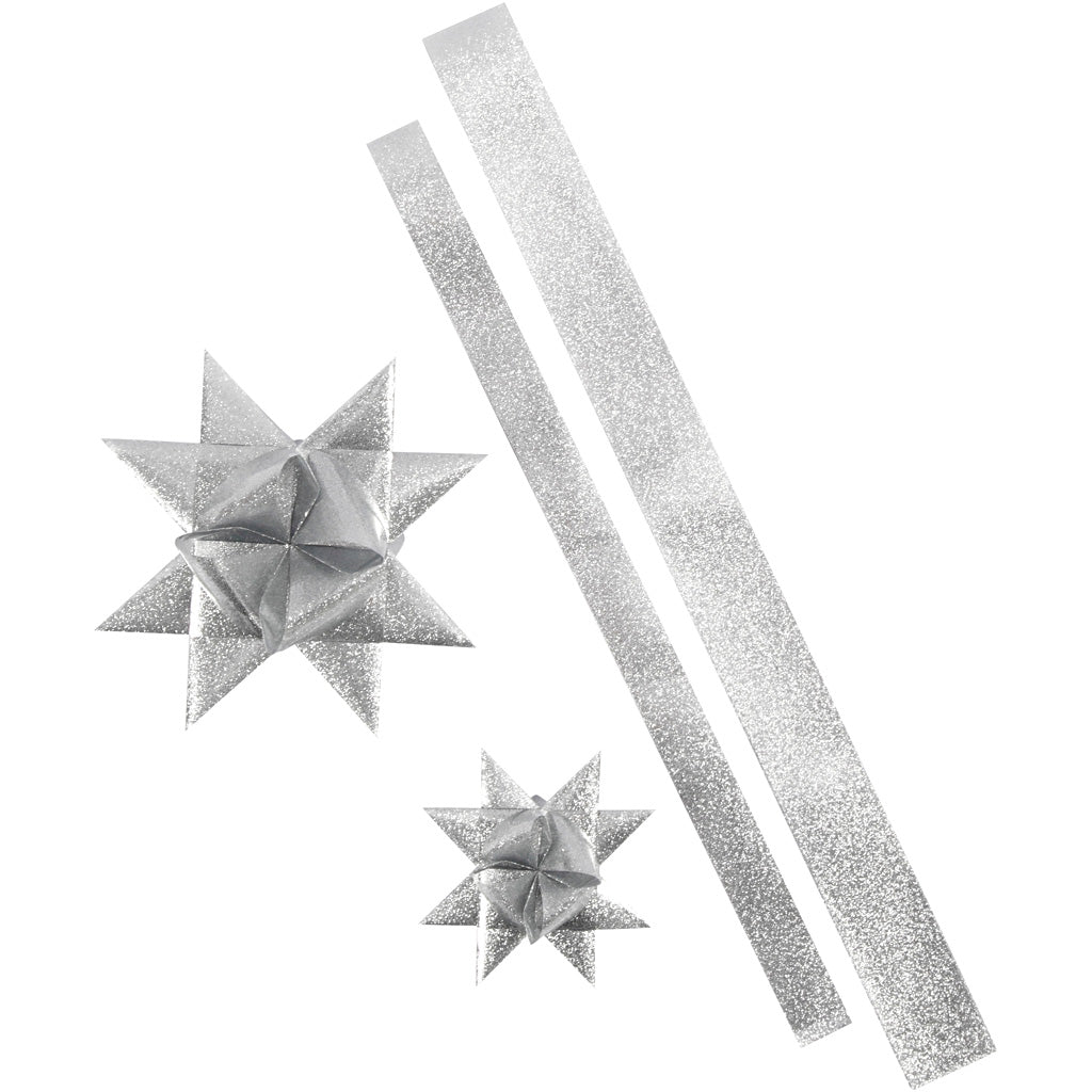 Bandes étoiles Vivi Gade, l: 86+100 cm, l: 25+40 mm, d 11,5+18,5 cm, argent pailleté, 16 bandes 1 boîte