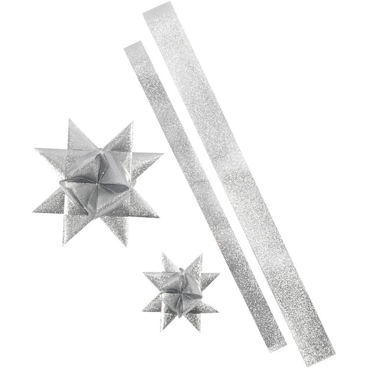 Bandes étoiles Vivi Gade, l: 86+100 cm, l: 25+40 mm, d 11,5+18,5 cm, argent pailleté, 16 bandes 1 boîte