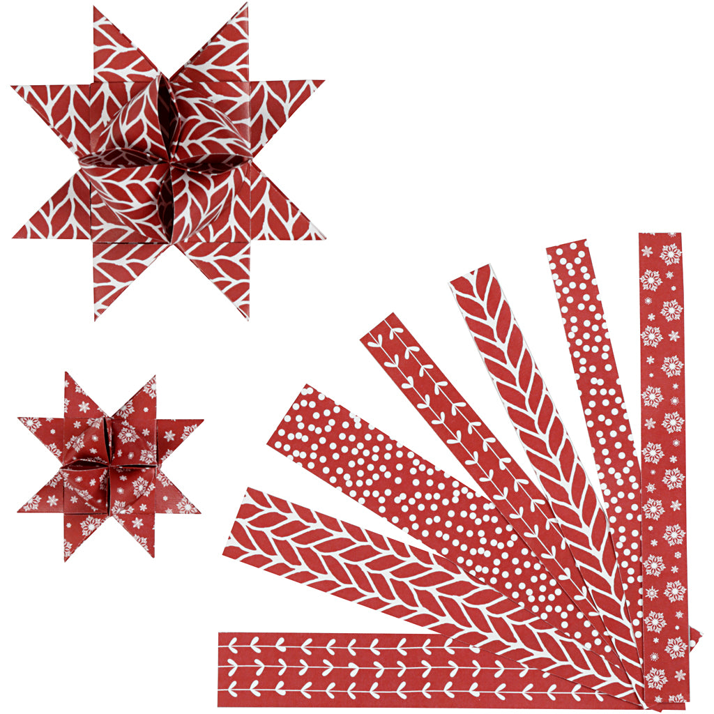 Bandes de tressage en papier Vivi Gade, l: 44+78 cm, l: 15+25 mm, d 6,5+11,5 cm, rouge, blanc, 60 bandes 1 boîte