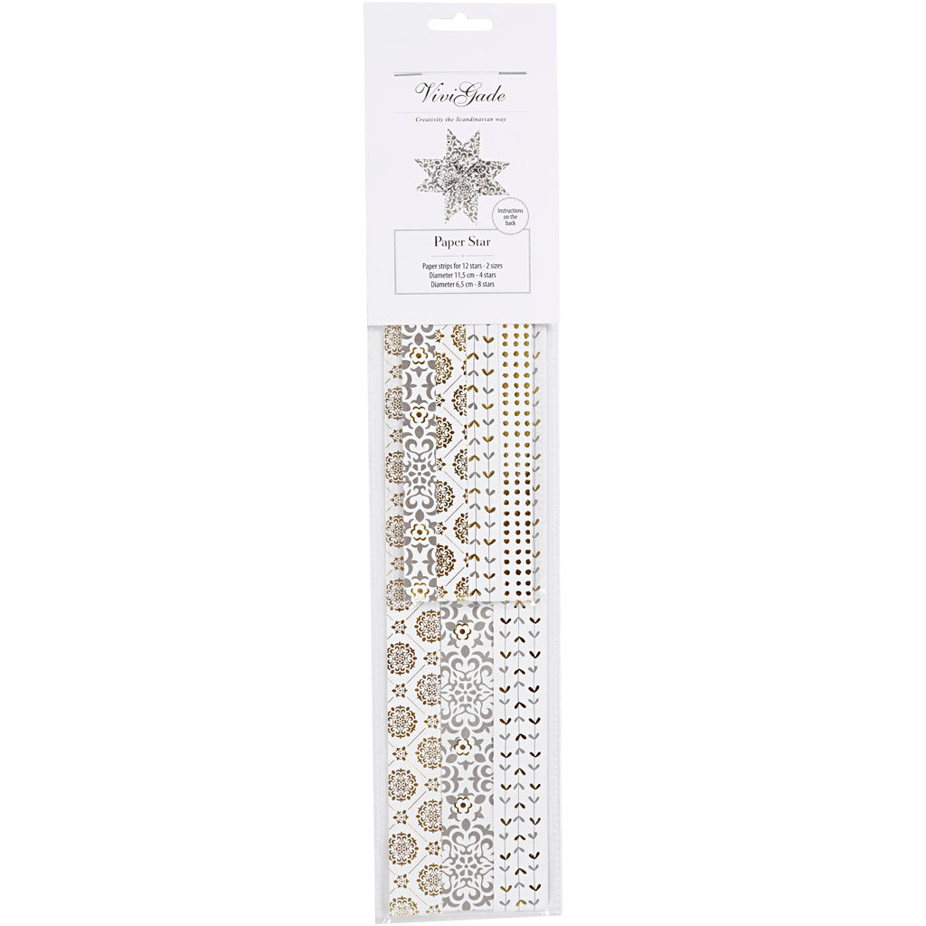 Bandes de tressage en papier Vivi Gade, l: 44+78 cm, d 6,5+11,5 cm, l: 15+25 mm, or, blanc, 48 bandes 1 boîte