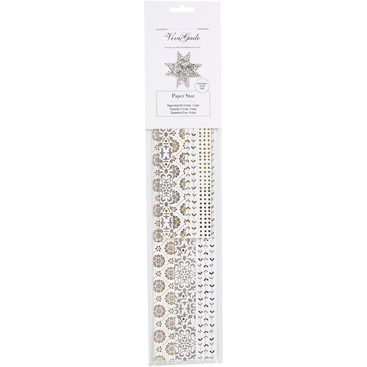 Bandes de tressage en papier Vivi Gade, l: 44+78 cm, d 6,5+11,5 cm, l: 15+25 mm, or, blanc, 48 bandes 1 boîte