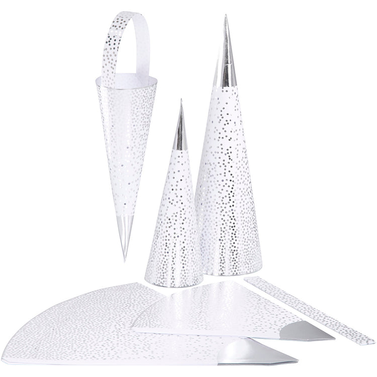 Cônes Vivi Gade, h: 18+28 cm, 120 g, argent, blanc, 3 pièces 1 boîte