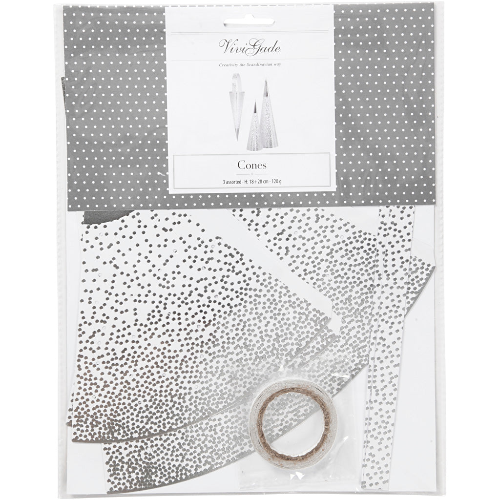 Cônes Vivi Gade, h: 18+28 cm, 120 g, argent, blanc, 3 pièces 1 boîte