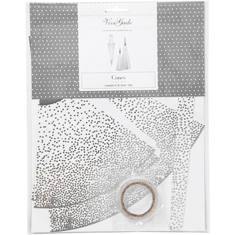 Cônes Vivi Gade, h: 18+28 cm, 120 g, argent, blanc, 3 pièces 1 boîte