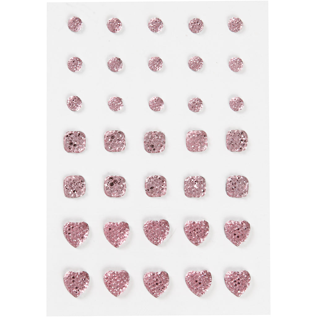 Strass Vivi Gade, rond, carré, coeur, taille 6+8+10 mm, rose, 35 pièces 1 boîte