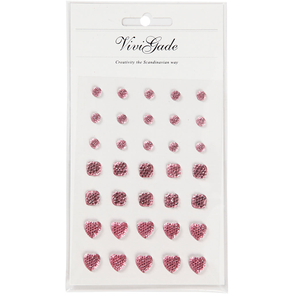 Strass Vivi Gade, rond, carré, coeur, taille 6+8+10 mm, rose, 35 pièces 1 boîte