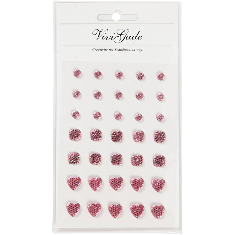 Strass Vivi Gade, rond, carré, coeur, taille 6+8+10 mm, rose, 35 pièces 1 boîte