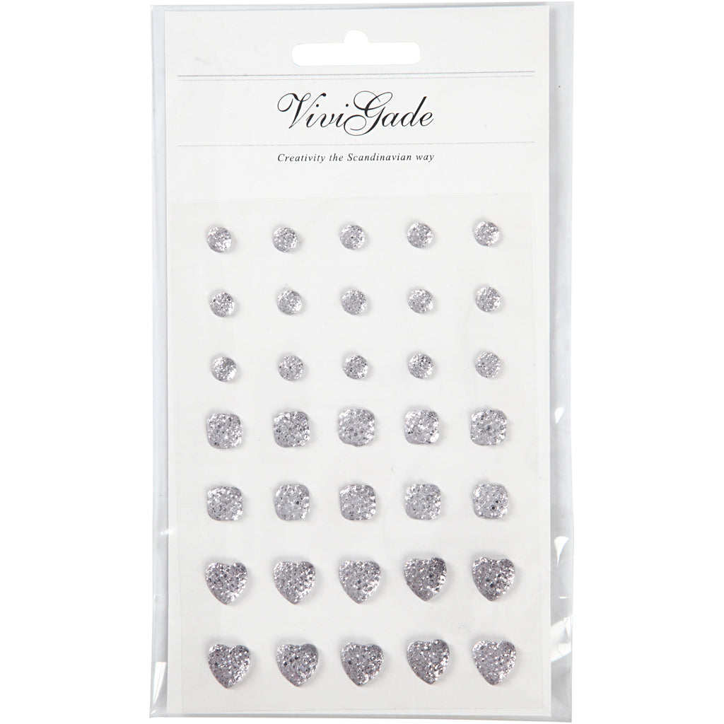 Strass Vivi Gade, rond, carré, coeur, taille 6+8+10 mm, argent, 35 pièces 1 boîte