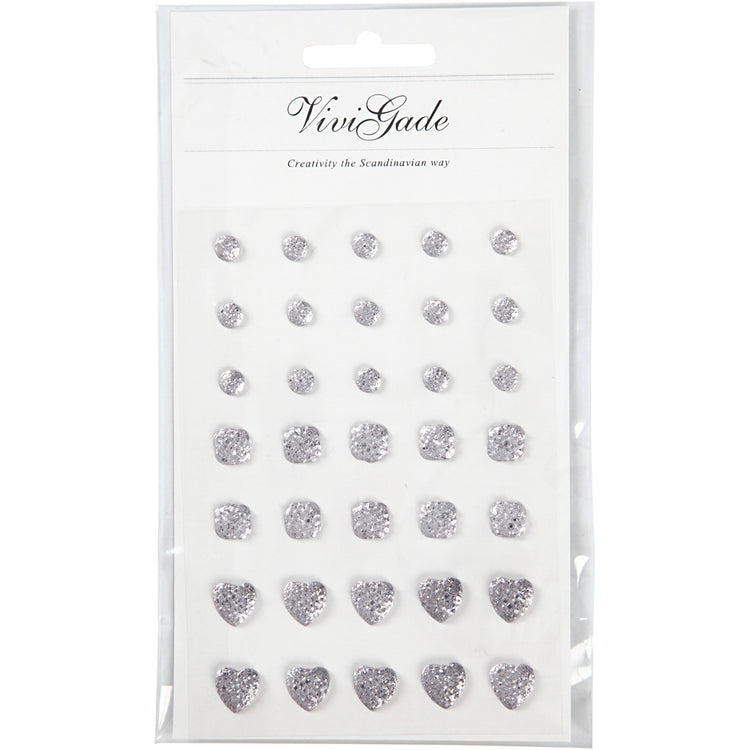 Strass Vivi Gade, rond, carré, coeur, taille 6+8+10 mm, argent, 35 pièces 1 boîte