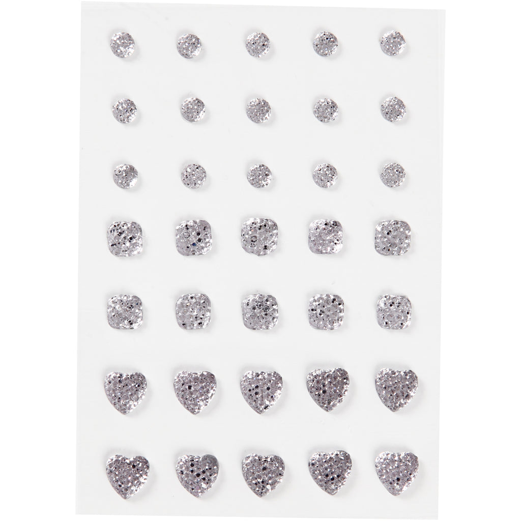 Strass Vivi Gade, rond, carré, coeur, taille 6+8+10 mm, argent, 35 pièces 1 boîte