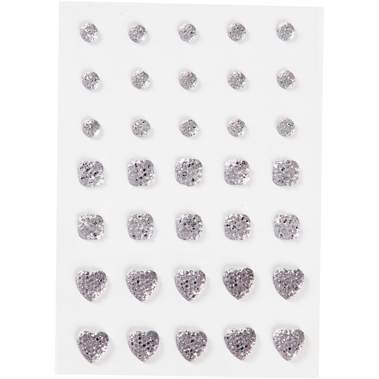 Strass Vivi Gade, rond, carré, coeur, taille 6+8+10 mm, argent, 35 pièces 1 boîte