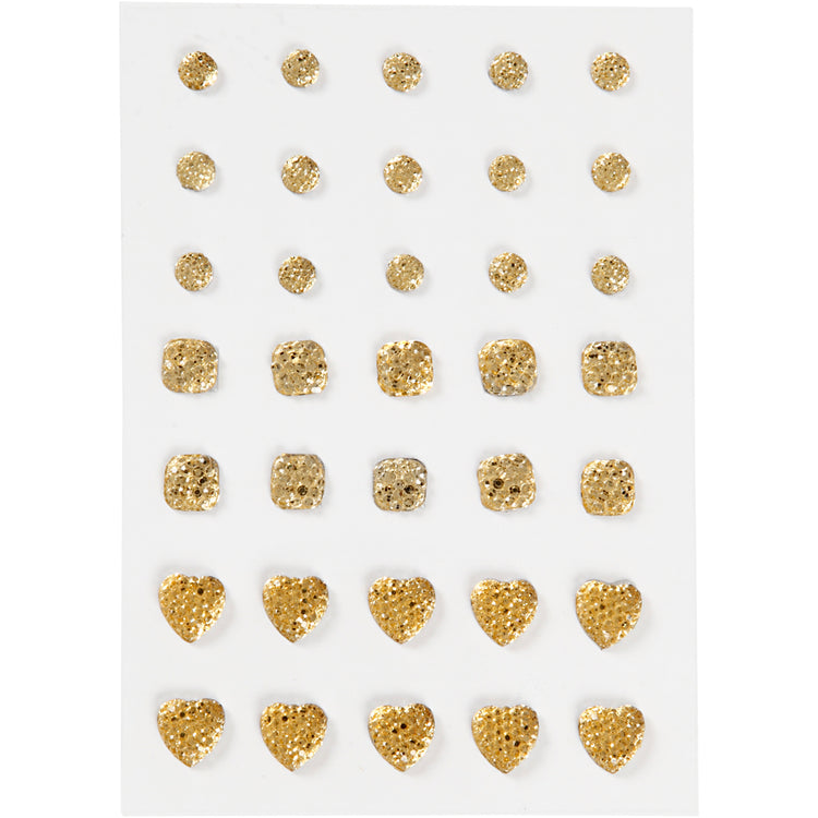 Strass Vivi Gade, rond, carré, coeur, taille 6+8+10 mm, doré, 35 pièces 1 boîte