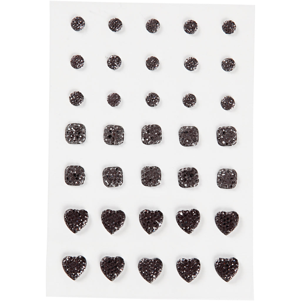 Strass Vivi Gade, rond, carré, coeur, taille 6+8+10 mm, noir, 35 pièces 1 boîte