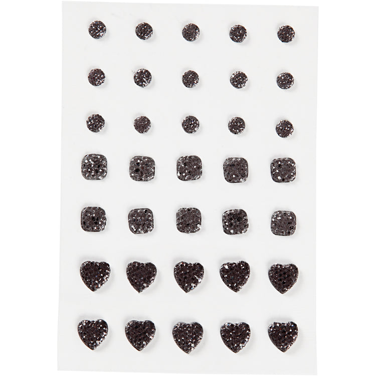 Strass Vivi Gade, rond, carré, coeur, taille 6+8+10 mm, noir, 35 pièces 1 boîte