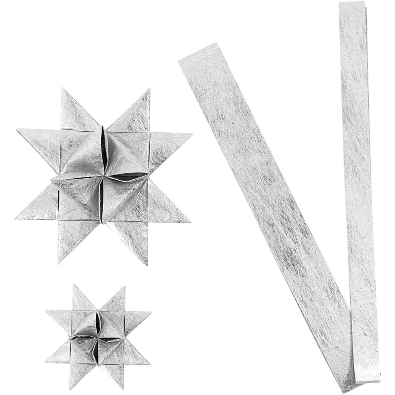 Bandes de tressage en papier Vivi Gade, l: 44+78 cm, d 6,5+11,5 cm, l: 15+25 mm, argent, 32 bandes 1 boîte
