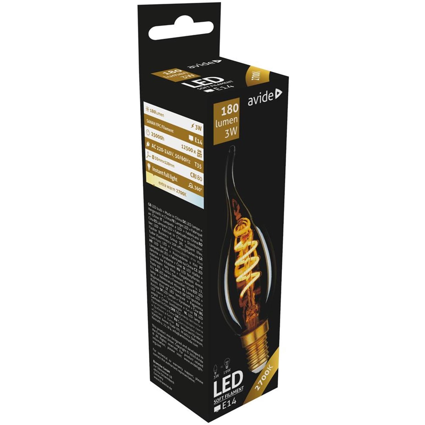 Avide lampe à flamme de bougie led 3w e14 180lm