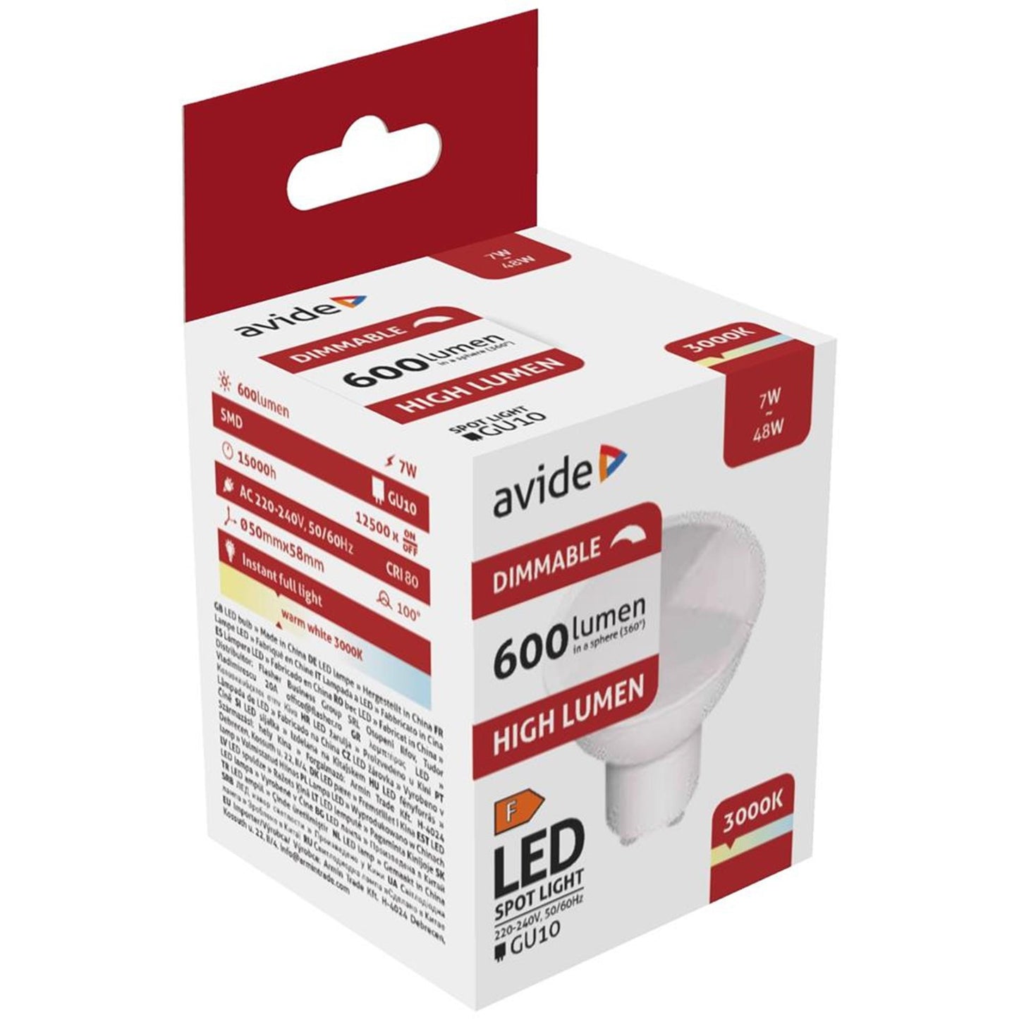 Avide spot led gu10 7w 3000k ww dimmable