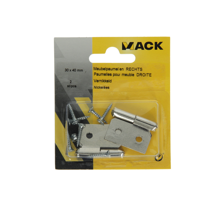 Mack 1013467 - 2 charnières de meuble droite nickelées h 30 x l 40 mm | 5 pièces